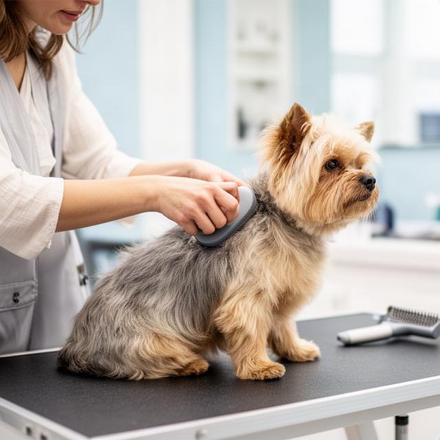 明るいグルーミングサロンで飼い主が小型犬をやさしくブラッシングする様子