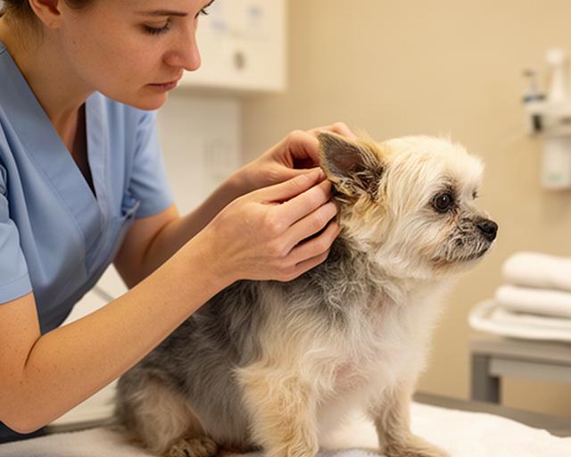 犬の耳まわりを確認する動物看護師、柔らかな照明の個室ケアルーム